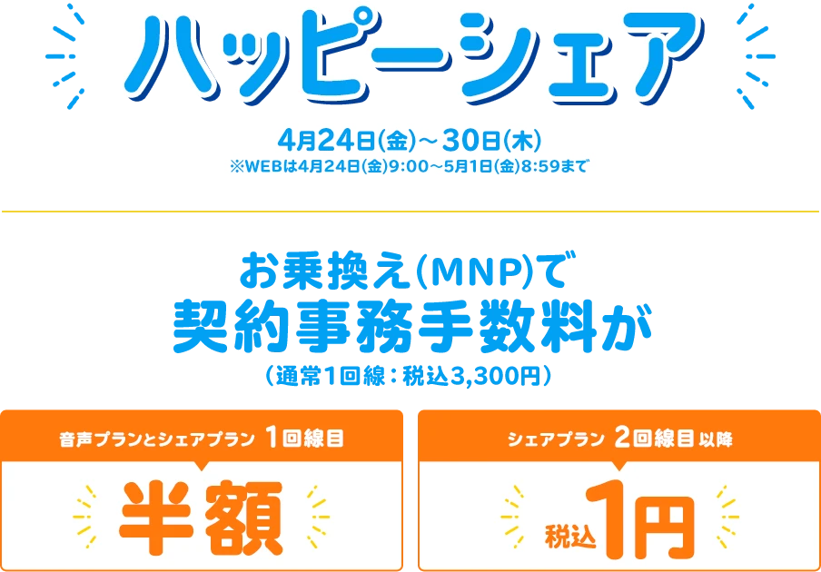 【ハッピーシェア】4月24日(金)～4月30日(木)※WEBは4月24日(金)9:00～5月1日(金)8:59まで お乗換え(MNP)で契約事務手数料（1回線：税込3,300円）が音声プランとシェアプラン1回線目半額 シェアプラン2回線目以降税込1円