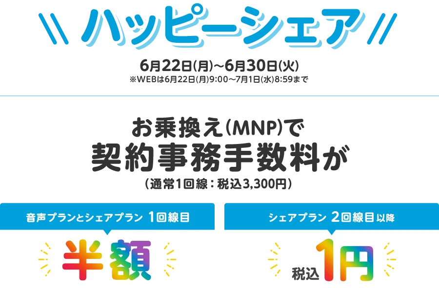 【ハッピーシェア】6月22日(月)～6月30日(火)※WEBは6月22日(月)9:00～7月1日(水)8:59まで お乗換え(MNP)で契約事務手数料（1回線：税込3,300円）が音声プランとシェアプラン1回線目半額 シェアプラン2回線目以降税込1円