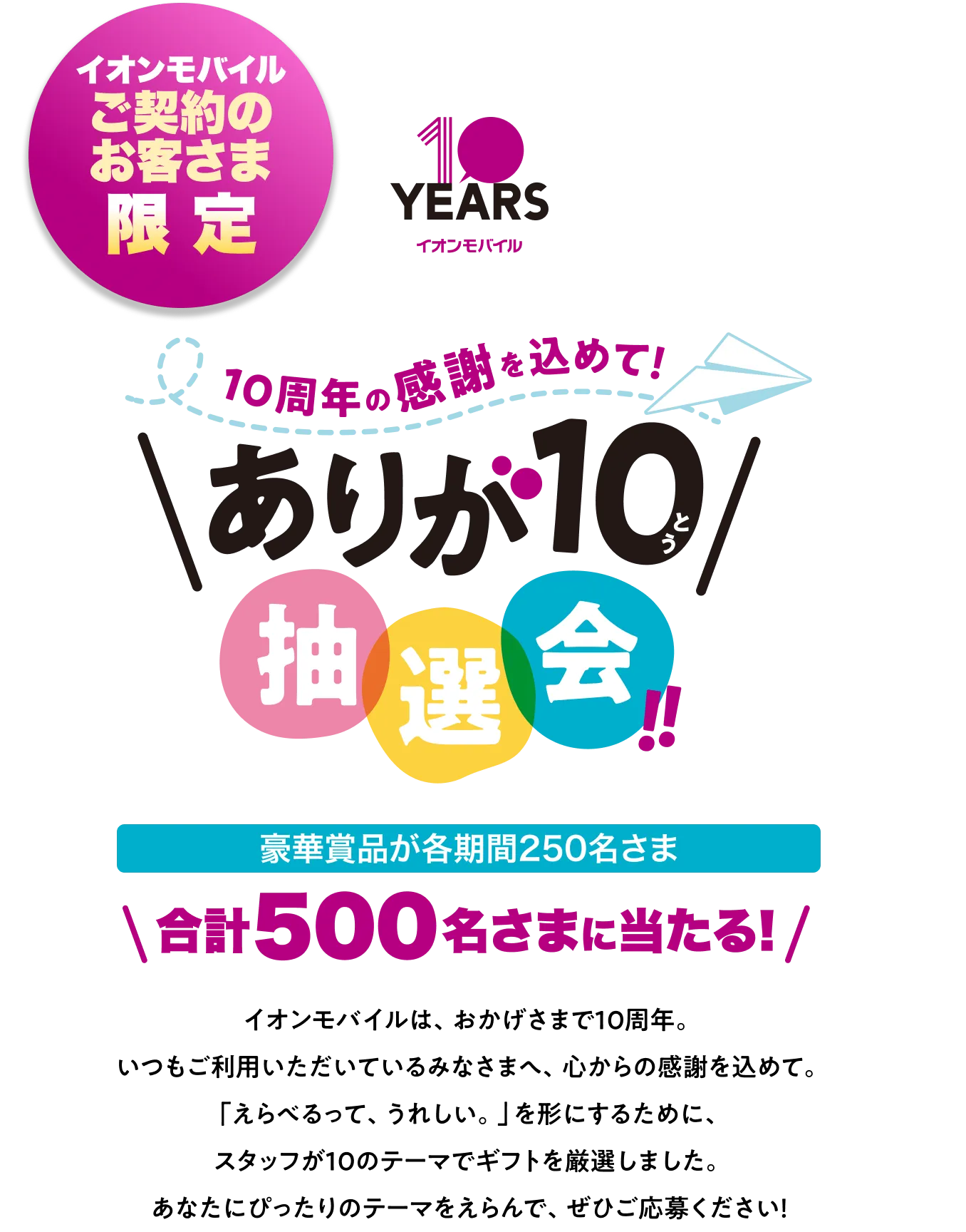 イオンモバイルは、おかげさまで10周年。いつもご利用いただいている皆さまへ、心からの感謝を込めて。「えらべるって、うれしい。」を形にするために、スタッフが10のテーマでギフトを厳選しました。あなたにぴったりのテーマをえらんで、ぜひご応募ください！