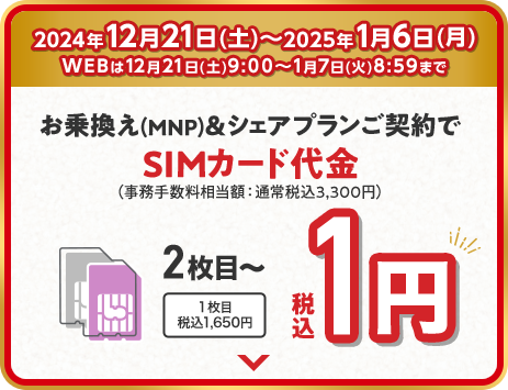 お乗換え(MNP)&シェアプランご契約でSIMカード代金2枚目から税込1円