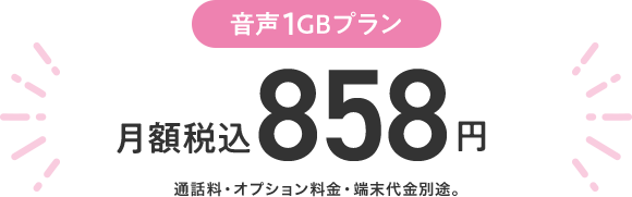 【音声1GBプラン】月額税込み858円※通話料・オプション料金・端末代金別途。