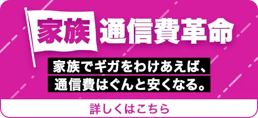 【家族通信費革命】家族でギガをわけあえば、通信費はぐんと安くなる。詳しくはこちら