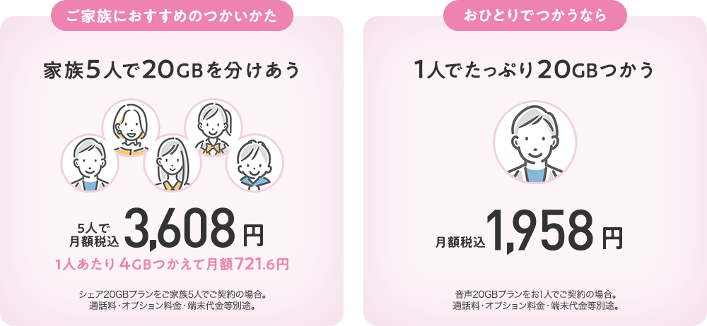 【ご家族におすすめのつかいかた】家族5人で20GBを分けあう 5人で月額税込3,608円（1人あたり 4GBつかえて月額721.6円）※シェア20GBプランをご家族5人でご契約の場合。通話料・オプション料金・端末代金等別途。/【おひとりでつかうなら】1人でたっぷり20GBつかう 月額税込1,958円※音声20GBプランをお1人でご契約の場合。通話料・オプション料金・端末代金等別途。