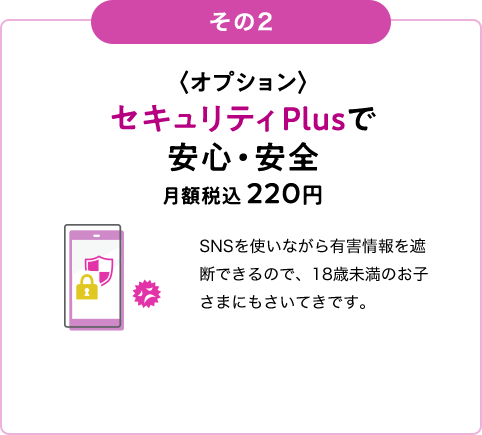 〈オプション〉セキュリティPlusで 安心・安全 月額税込 220円 SNSを使いながら有害情報を遮断できるので、18歳未満のお子さまにもさいてきです。