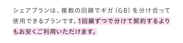 シェアプランは、複数の回線でギガ(GB)を分け合って使用できるプランです。1回線ずつで分けて契約するよりもお安くご利用いただけます。