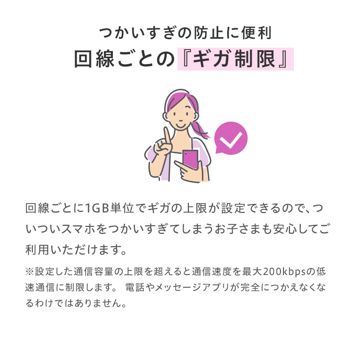 回線ごとのギガ制限で使いすぎを防止。ついついスマホをつかいすぎてしまうお子さまも安心してご利用いただけます。
